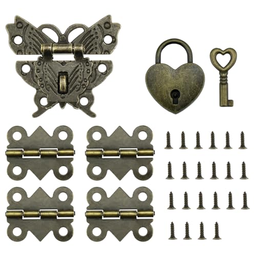 MARRTEUM 1 Set Retro Engraved Jewelry Box Hinges Hasp Catch Lock Set, Decorative Hardware Kit with Screws for DIY Wooden Case Furniture Cabinet Suitcase Decoration and Repairs (Antique Bronze)