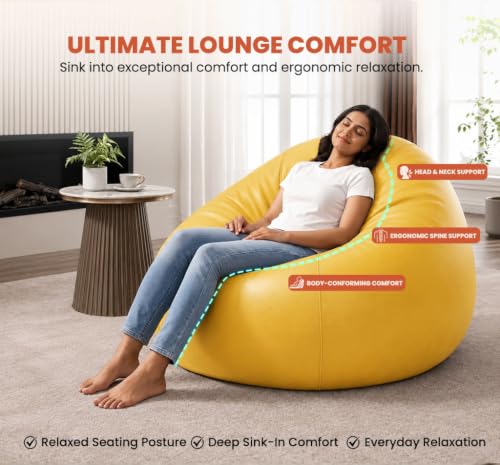 Image of Sattva Classic 4XL Bean Bag Chair with Beans Filled | Sofa Style Faux Leather Beanbags with Beans | Comfortable Bin Bags Sofa for Adults & Teens, Living Room & Office | Yellow