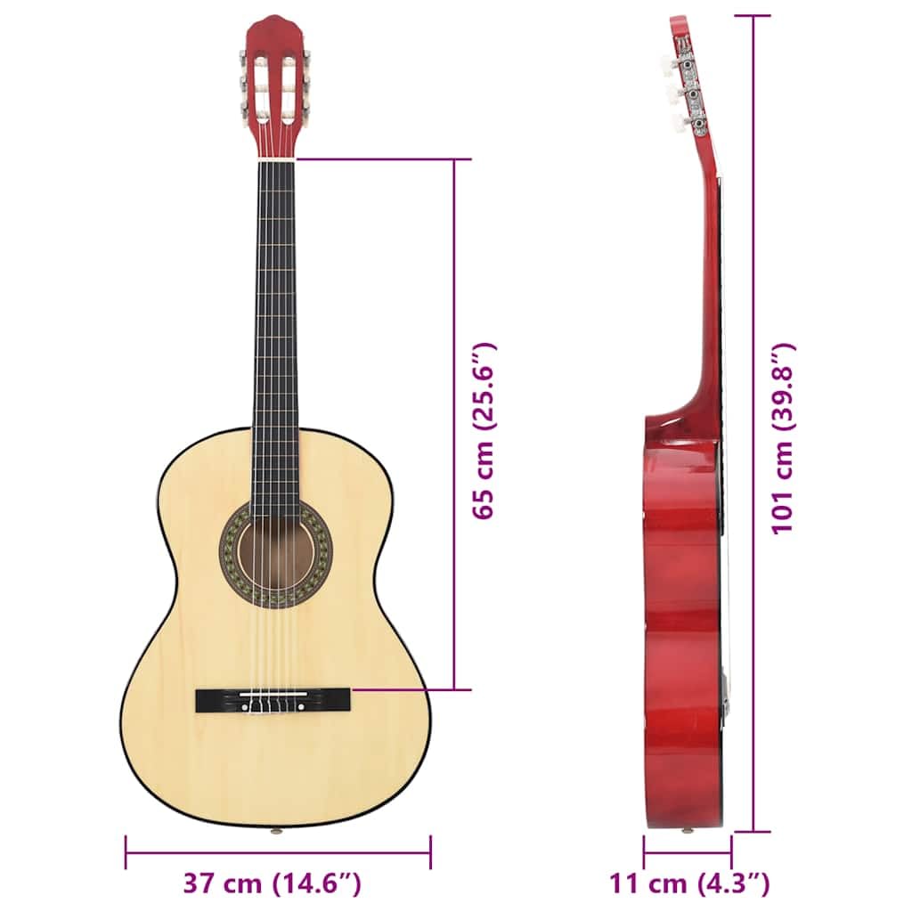 Gitara klasyczna dla początkujących 4/4 39 cala z drewna lipowego, gitara koncertowa z nylonowymi strunami, podstrunnica z twardego plastiku i menzura 65 cm do nauki, ćwiczeń i występów