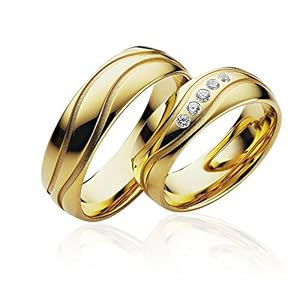 JC Trauringe Goud 585 Paar Prijs Gepolijst I Fantastische trouwringen breed 6 mm I Unieke partnerringen geel goud met gravure in edele etui I 2 Trouwringen Heren Ring & Dames Ring met stenen I J104