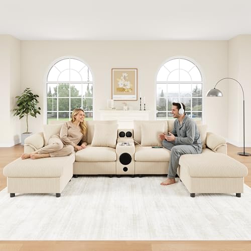 Canapé Convertible 4 Places en U avec USB C(Charge Sans Fil) et Haut-parleur Bluetooth, Canapé d'angle en Velours Côtelé avec 2 Repose-Pieds et 2...