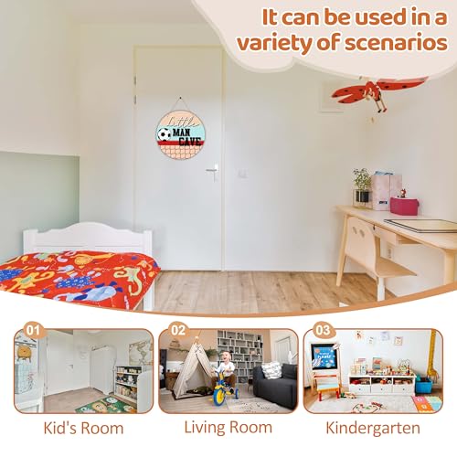 Image of Little Man Cave Sign for Boys, Baby Boy Nursery Decor, Football Wall Decor for Toddler Kids Room, 10x10 Inch Wooden Round Door Hanger-D06