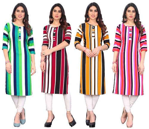 Image of JAKHANA Women's Crepe Printed Casual Straight Calf Length Round Nick Kurta Pack of 4
