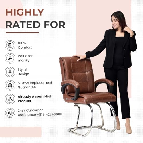 Image of Special Director Principal Office Visitor Study with arm Rest and Cushioned seat Back, Chair Without Wheels, Holds Upto 125 kg Chair (1, Tan, Double Pipe Chrome Frame)