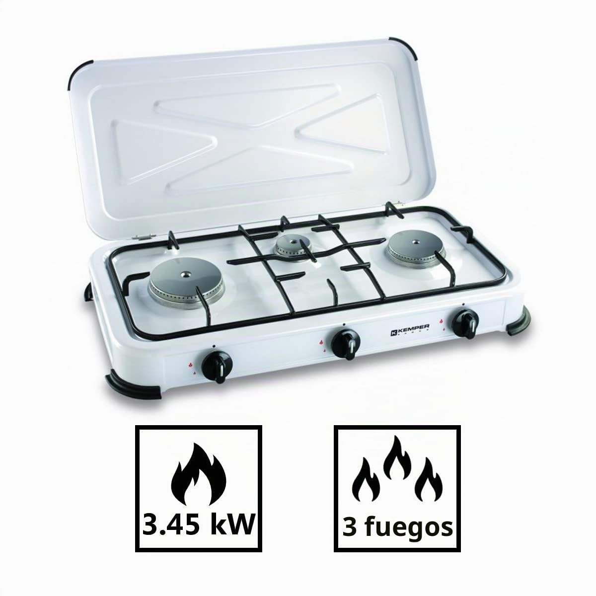 KEMPER – Placa de cocción de gas 3 luces portátil, 3450 W, tapa extraíble, color blanco – Hornillo para camping, conexión de botella de gas Butano/propano simple y segura