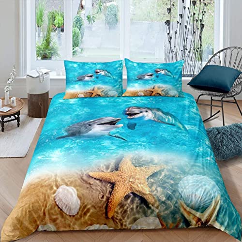 Homemissing Dauphin Ensemble de lit 140x200cm Plage étoile de mer Motif Ensemble de literie pour Enfants océan Animal décor Housse de Couette Ensemble hawaïen été...