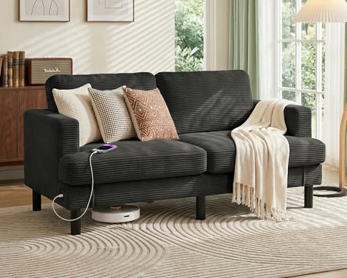 Image of 70 inch Loveseat Sofa, 2-Seater Bedroom Couches with USB & Type-C, Black | Upgrade Upholstered Deep Seat Love Seat Sleeper Sofa, Corduroy Small Couch for Bedroom, Apartment, Office