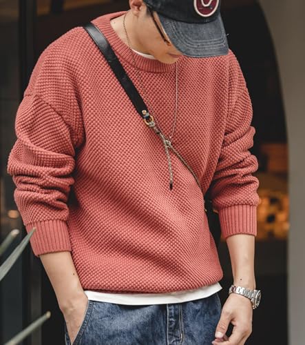 Men's Crewneck Sweaters Long Sleeve Waffle Knitted Pullover Casual Loose Fit Solid Sweater2