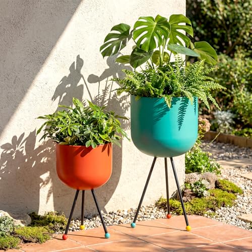 Frienda 2 Pack Mid Century Modern Metal Planter with Stand, Orange, Blue