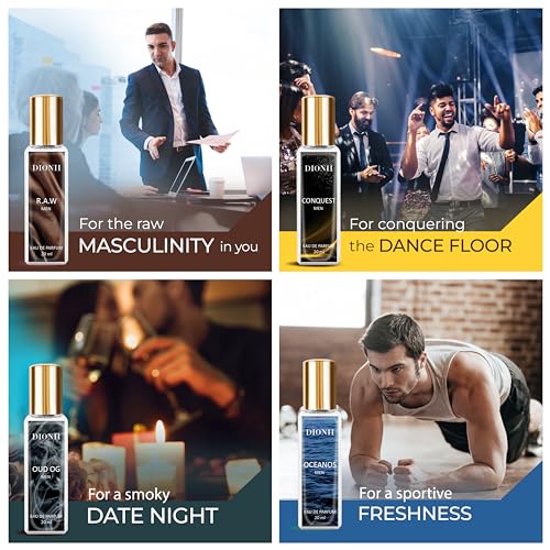 Image of Dionii Eau De Parfum Gift Set for Men | OUD OG, R.A.W, CONQUEST, OCENOS Perfume Set | Long Lasting Fragrance (4 x 20ml Each)