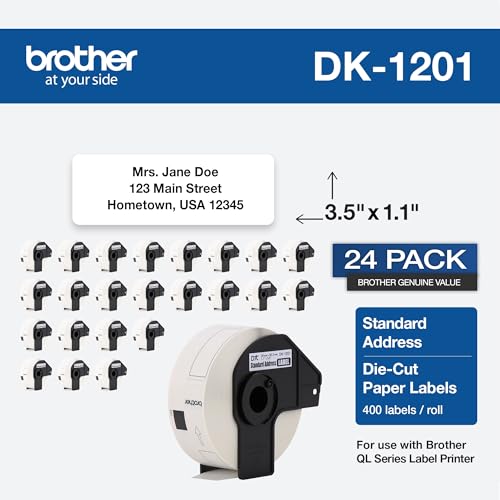Image of Brother Genuine DK1201 Die-Cut Standard Rolled Address Labels for QL Printers, 3-Pack (DK12013PK),White, 24 Rolls (DK120124PK)