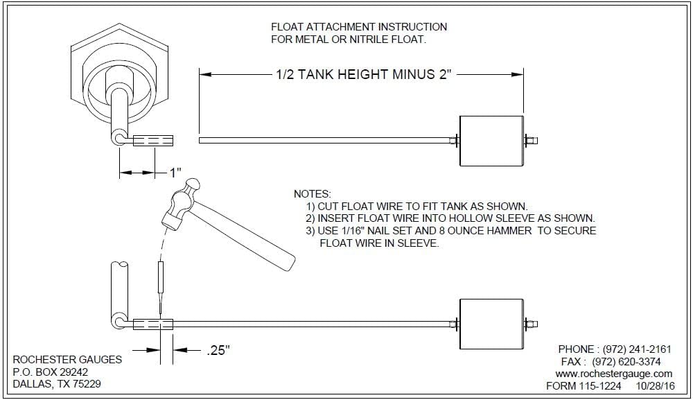 Rochester Gauges 7183 Series Adjustable Fuel, Oil, Liquid Level Gauge for Cylindrical Farm Tanks, 1 ½” MPT X up to 48” Float Length