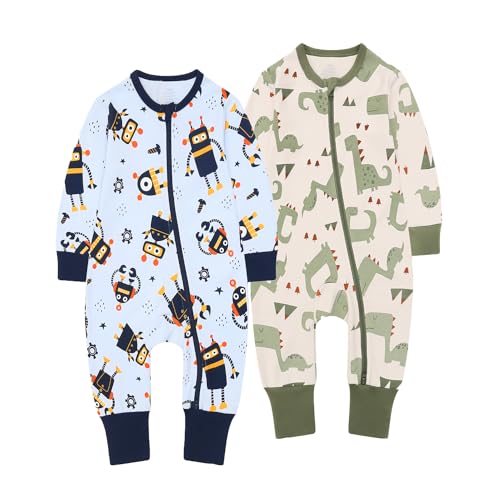 Image of BeiVSlley Baby Boys Girls 2 Pack Romper Cartoon Print 2-Way Zipper Jumpsuit Romper Long Sleeve One Piece Outfits,Blue+Green,6-12M