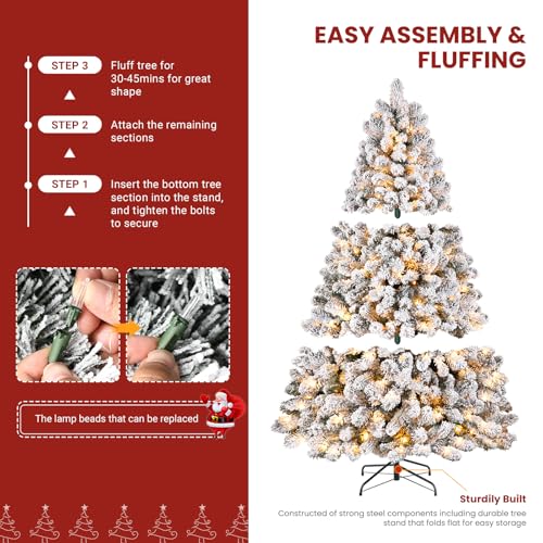 Image of SHareconn 9ft Snow Flocked Spruce Pre-lit Artificial Christmas Tree, White | 550 Warm White Incandescent Lights, 1810 Branch Tips, Foldable Metal Stand, Full Snow Flocked Xmas Tree for Holiday Decor