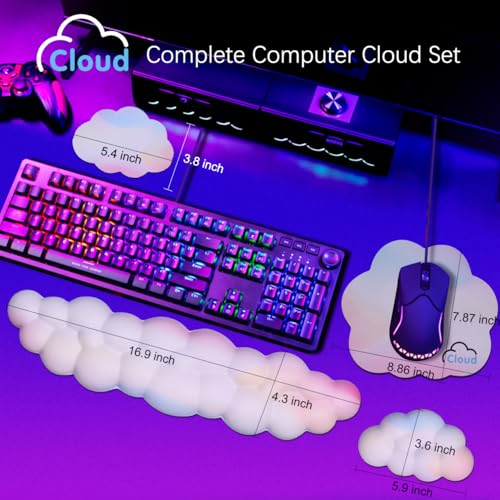 Image of Cloud Wrist Rest Keyboard Palm Rest with Non-Slip Base for Computer Gaming Wrist Rest, YAMJUG Cloud Arm Rest Keyboard Wrist Pad Rainbow | Full 4-Piece Set, Non-Slip PU Base, Soft Memory Foam Comfort For Long Work /Gaming Hours, Cute Desk Decor, Easy To Clean