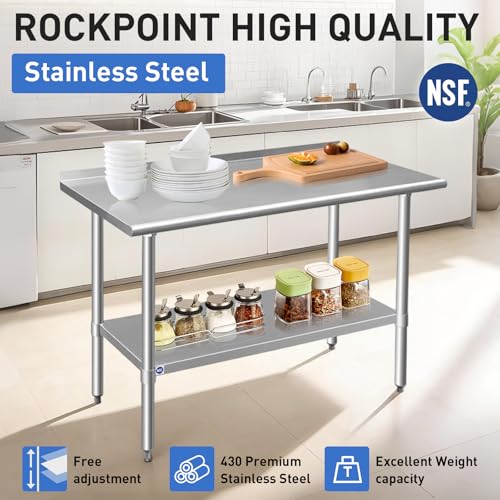 Image of ROCKPOINT Stainless Steel Table for Prep & Work with Backsplash 24x36 Inches, NSF Metal Commercial Kitchen Heavy Duty Table with Adjustable Under Shelf and Table Foot for Restaurant, Home and Hotel