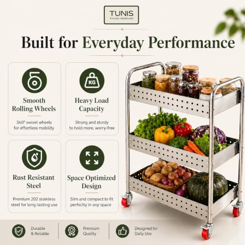 Image of TUNIS 3 Tier 202 Premium Stainless Steel Kitchen Storage Trolley with 360 Rotating Wheels | Multipurpose Vegetable & Fruit Rack Organizer | Movable Storage Cart for Kitchen, Pantry & Home