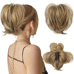 HOOJIH Messy Bun Hair Piece, Claw Clip in Straight Hair Bun 9 Inch Short Ponytail Extension with Bendable Metal Wire Hair Pieces for Women Fake Pony DIY Styles – Medium Brown with Blonde Highlights