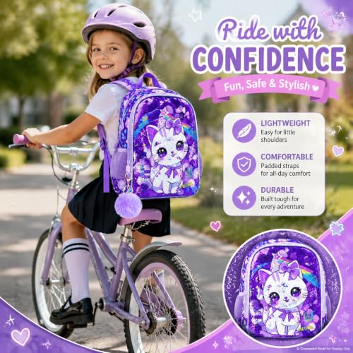 Image of CCJPX 16 inch Cat Backpack for Girls, 3Pcs Kids Preschool Bookbag, Cute Water Sequin Resistant School Bag for Teen Kindergarten Toddler (Purple)