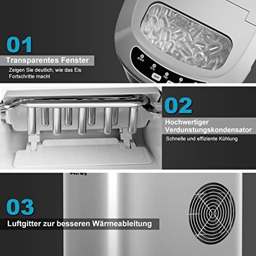 COSTWAY IJsblokjesmachine, ijsmachine, ijsblokjesmaker incl. ijsblokjesschep, 9 ijsblokjes in 6-13 min, 2 ijsblokjesgroottes, 12 kg in 24 uur, 2,2 l waterreservoir, 25 x 36 x 33 cm (zilver) - Afbeelding 3