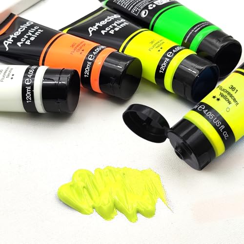 Image of Artecho Yellow Glow in the Dark Acrylic Paint Set, 120ml / 4.05oz | Non-Toxic, Waterproof, For Canvas Rock Wood Fabric, Rich Pigment, For Adults & Hobbyists
