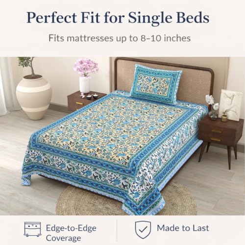 Image of elanorhomes Single Bed Sheet Cotton 60 x 90 Inch, with Pillow Cover | Soft Breathable Cotton Bedsheet for Single Bed | Skin-Friendly, Colourfast & Easy Wash (Tropical)