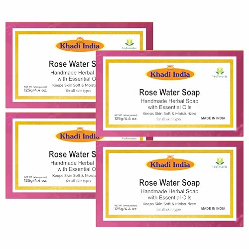 Image of Khadi 100% Pure & Natural Ayurvedic Rosewater Handmade Soap| Hyderated & Nourishes Skin| (Pack of 4) (4x125 g) (500 g)