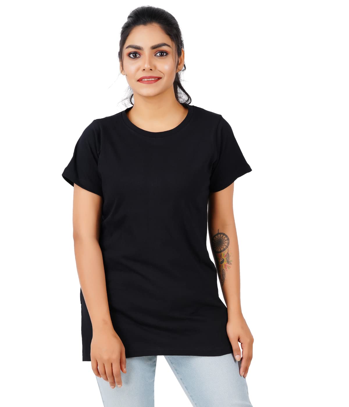 wemyc Round Neck Cotton Women Long Tee I T-Shirt I Solid Long Regular Fit Top I Colour Black I-picture-10