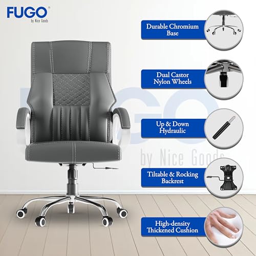 Image of FUGO FG21 Orthopedic Boss Chair with 3-Years Warranty, Executive Office Chair Ergonomic High-Back Chair-Cushioned Seat & Armrests, Metal Base, Rocking Movement (Grey)