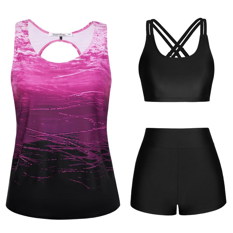 JASAMBAC Badebekleidung Damen,Tankini mit Shorts,Badeanzug Bauchweg Damen,Push Up Badeanzüge,3-teiliger Sportlich Bademode,High Waisted Bikini,Verstellbare Modest Schwimmanzug Strandmode