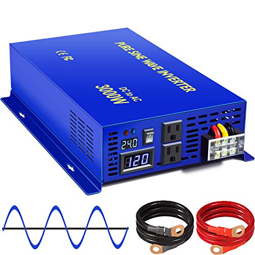XYZ INVT 3000W Pure Sine Wave Power Inverter 24V DC to 110v 120V AC with 2 AC Outlets 2 Sets of Battery Cables, Power Converter for Home Solar System, RV, Camping.(3000W24V)