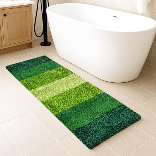 Image of Pano Textured Striped Runner Rug 45x130 cm Green | Anti-Skid, Super Soft & Ultra Absorbent Floor Runner | Quick Dry & Washable Runner for Bathroom, Kitchen, Bedroom & Living Room