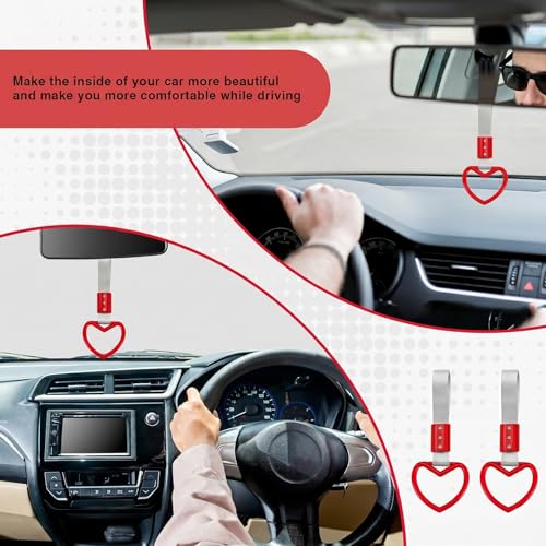 Image of 2PCS Heart Shaped Car Handle Straps, Rear Bumper Warning Keychain Ring for Car Exterior Accessories (Red-Silver)