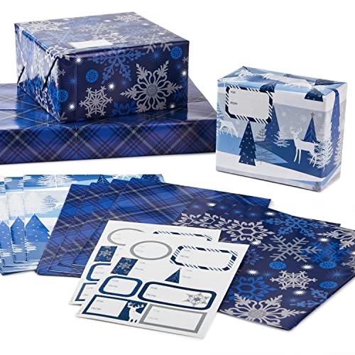 Hallmark Christmas Flat Wrapping Paper Sheets with Gift Tag Seals - Snowflakes, Deer, Tartan Plaid Gift Wrap Paper (12 Sheets, 16 Gift Tag Stickers) for Holiday Parties, Hanukkah, Winter Weddings by Hallmark - Used condition - CA$7.30