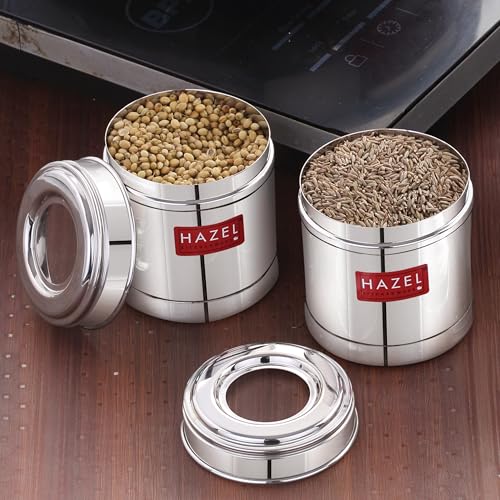 Image of HAZEL Stainless Steel Kitchen Containers 300ml Set of 2 with Transparent See-Through Lid | Airtight Spice & Dry Fruit Storage Jars