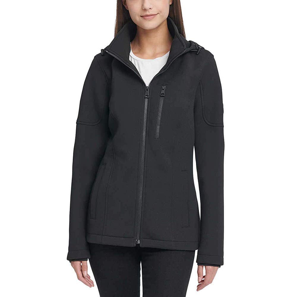 Andrew MarcWomen's Jacket, Ladies' Removable Hood Breast Pocket Scuba Jacket, Black, L