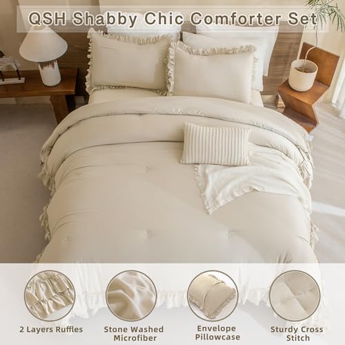 Image of QSH Wheat Comforter King Size for Bed, Shabby Ruffle Chic Bedding Comforter Set, 3 Pices Farmhouse Vintage Bedding Sets, All Season Ultra Soft Lightweight Microfiber Fluffy Comforter