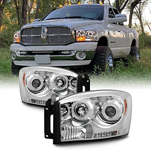 AKKON - For Dodge Ram Pickup Truck Chrome Clear Dual Halo Ring LED Projector Headlights Left + Right Replacement
