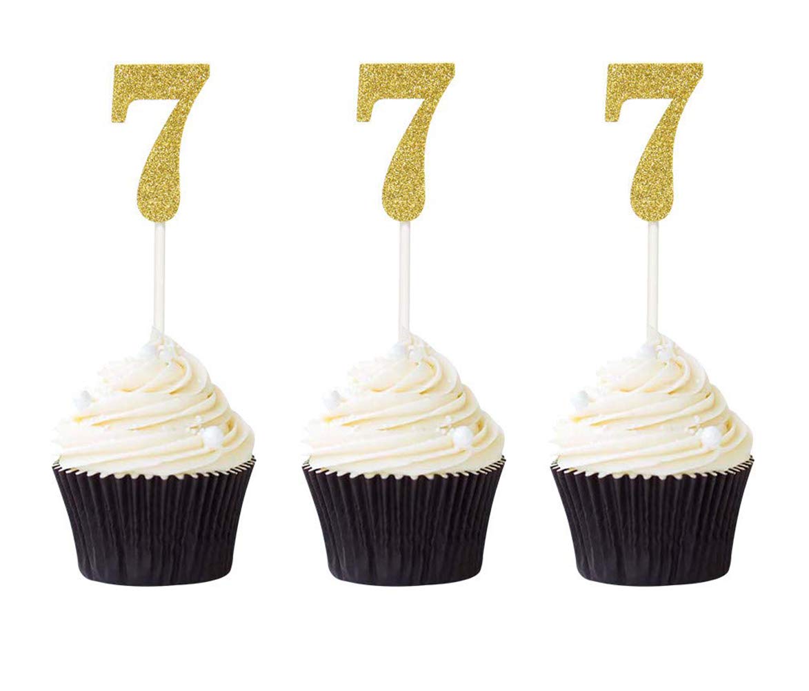 Pack of 24 Number 7 Cupcake Toppers Gold Glitter 7th Birthday Cupcake Picks Anniversary Party Decor