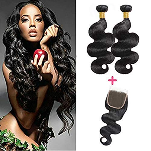 Selina Brazilian Hair Body Wave 2 Bundles With Closure Unprocessed Virgin Human Hair Bundles With Lace Closure 4x4 Free Part Natural Black (16"16"With16"closure)