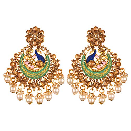 Efulgenz Indian Bollywood Crystal Rhinestone Faux Pearl Gold Plated Peacock Dangle Bridal Wedding Chandbali Earring Set Jewelry