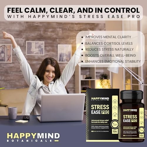 Image of HappyMind Botanicals Stress Ease Pro | Ayurvedic Stress relief, Anti-anxiety & Cortisol Support Tablets | Serotonin, Mood Booster & Balances Emotions | Ashwagandha, Jatamasi, Brahmi | 60 Vegan Tablets