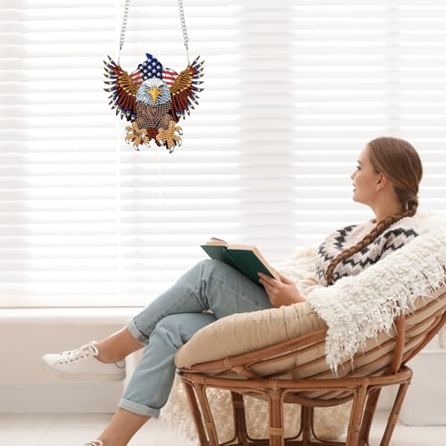 Image of DIY Diamond Art Hanging Kits for Adults, Patriotic American Flag Owl Special Shaped Crystal Diamond Painting Ornament, Acrylic Window Suncatcher Pendant with Chain for 4th of july Home Decor Gift