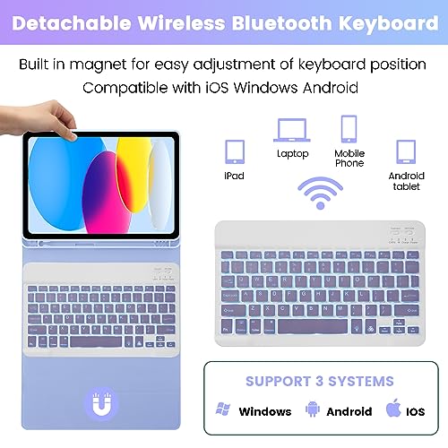Image of SOPPY Keyboard Case with 7 Color Backlit for iPad 11th Gen. (A16) 11-inch 2025, 10th Generation 10.9 inch 2022, Detachable Wireless Keyboards with Pencil Holder, Slim Keyboard Case, Purple