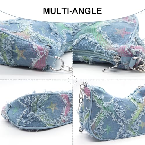 Bolso bandolera acolchado de mezclilla para mujer YAMEIZE con estampado de estrella, tipo clutch o hobo, bolso tote pequeño con cierre de cremallera miniatura 6