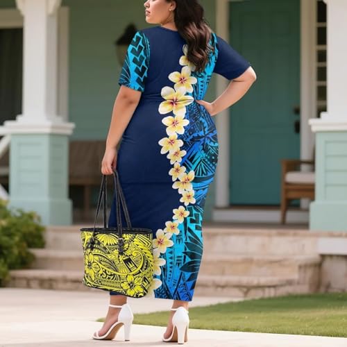 Image of Puletasi Samoan Traditional 2 Piece Outfits for Women Short Sleeve Crop Top and Maxi Skirt Sets Puletasi Dress