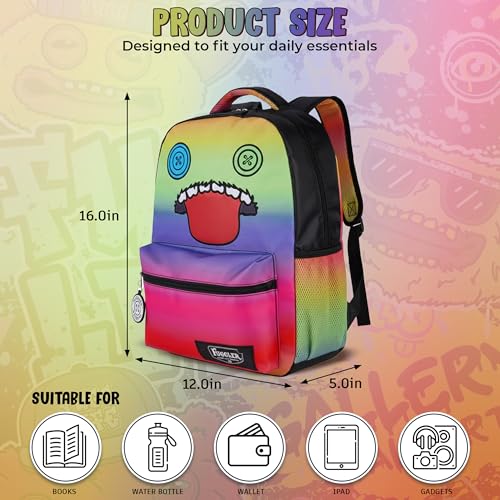 Image of AI ACCESSORY INNOVATIONS Fuggler Backpack with Big Face Oogah Boogah Character, Rainbow Gradient, 16 Inch, Polyester, 3 Pockets, Adjustable Straps, for Kids Ages 5-12