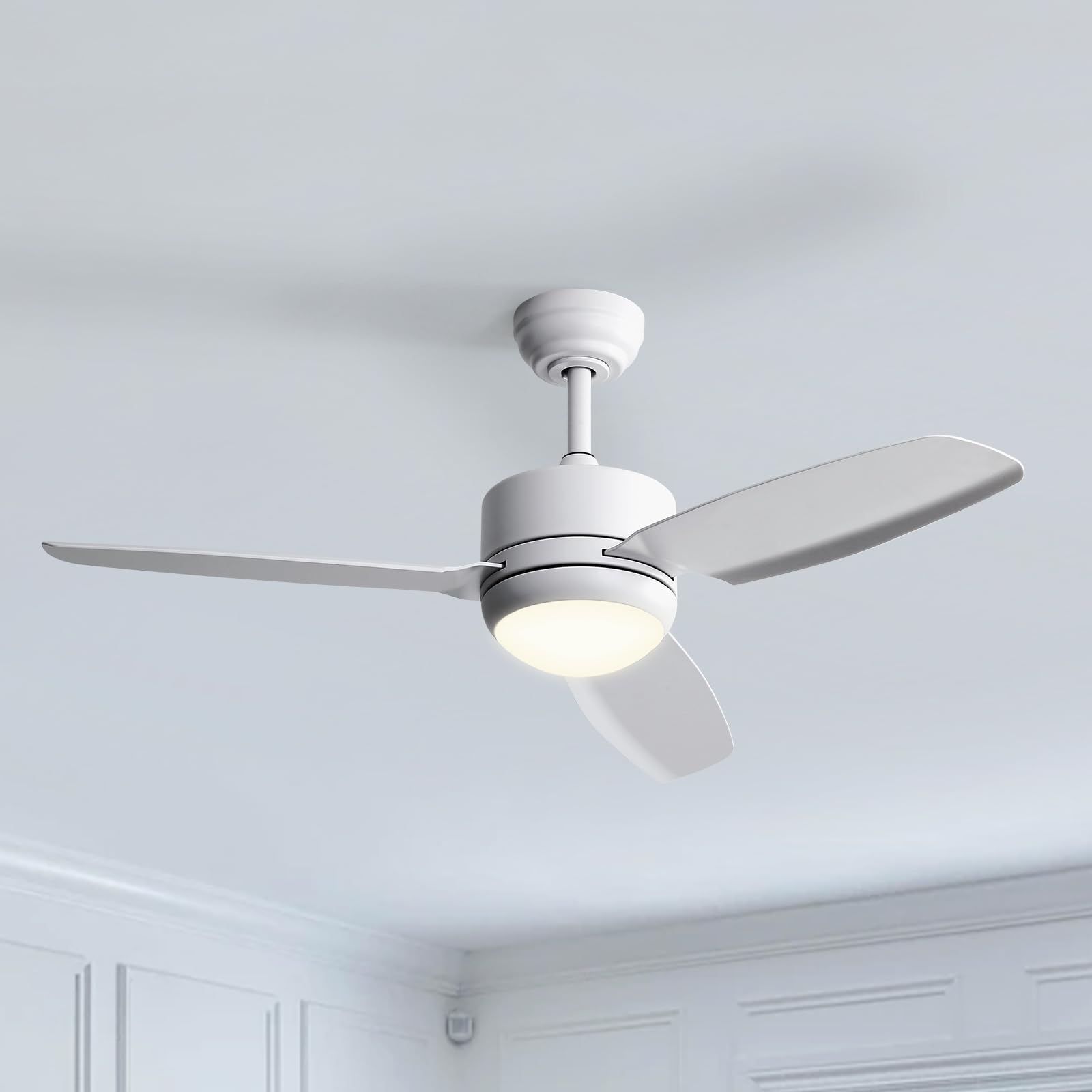 CACI Mall White Ceiling Fans with Lights, 46 inch Low Profile Ceiling Fan with Light and Remote Control, Flush Mount, Modern, 3 Blade Small Ceiling Fan for Bedroom Indoor/Outdoor Use