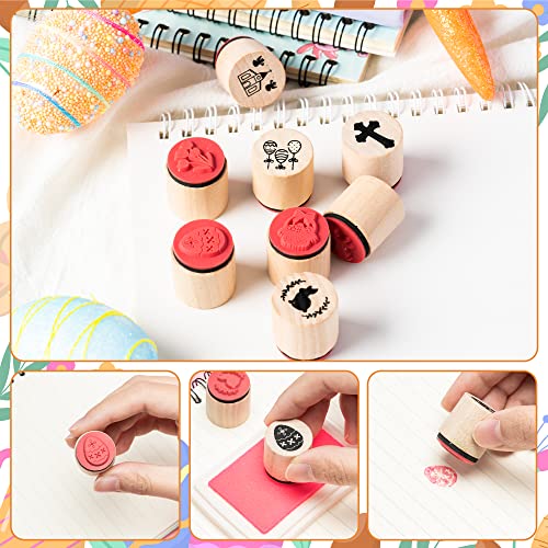 Mallmall6 17Pcs Easter Wooden Rubber Stamper Craft With Ink Pads Easter Diy Craft Gift Card Wood Rubber Stamps Printed With “He Is Risen” “Bunny” “Easter Egg” “Spring” Easter Day Stamp For Scrapbook #TOP2