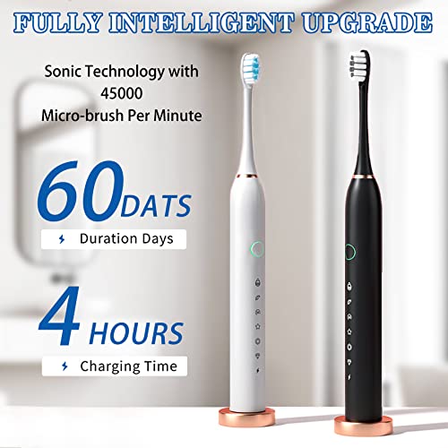 Image of Electric Toothbrush with 8 Brush Heads, 42000vpm 6 Modes IPX7 Waterproof, Soft Electric Toothbrush for Adults - 2 Pack, Black+White